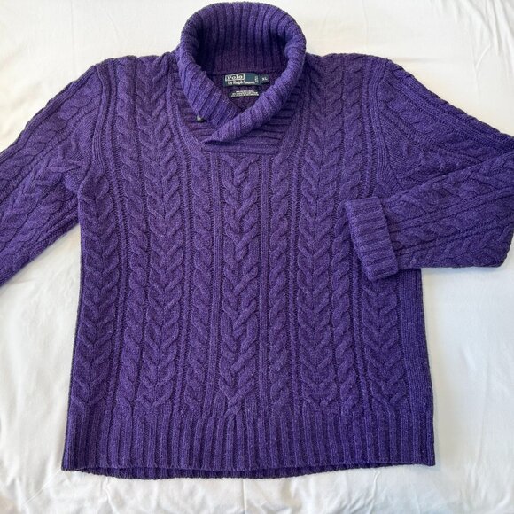Polo Ralph Lauren Wool/Angora Shawl Collar Cable Knit Pullover Sweater  - Purple - Picture 2 of 12